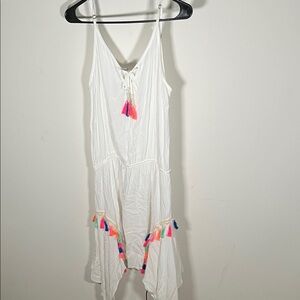 Elegant White Midi Dress/Bathing suit coverup with Multicolor Tassels